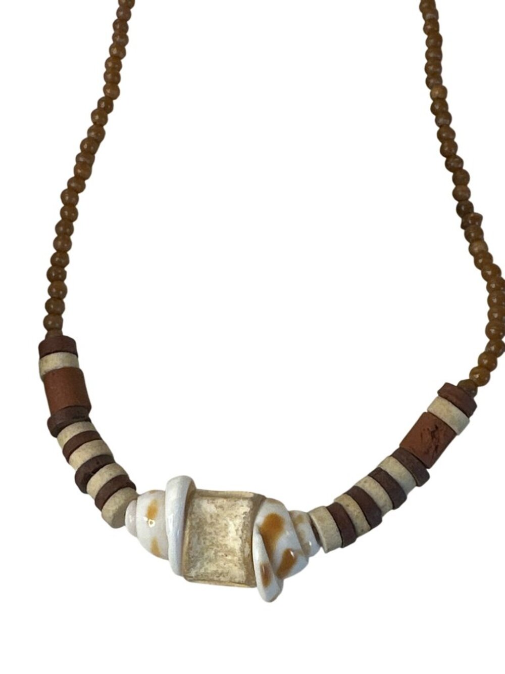 Handmade Beaded Necklace Earthy Seashell Tribal Beach Core Choker Surfer 15"
